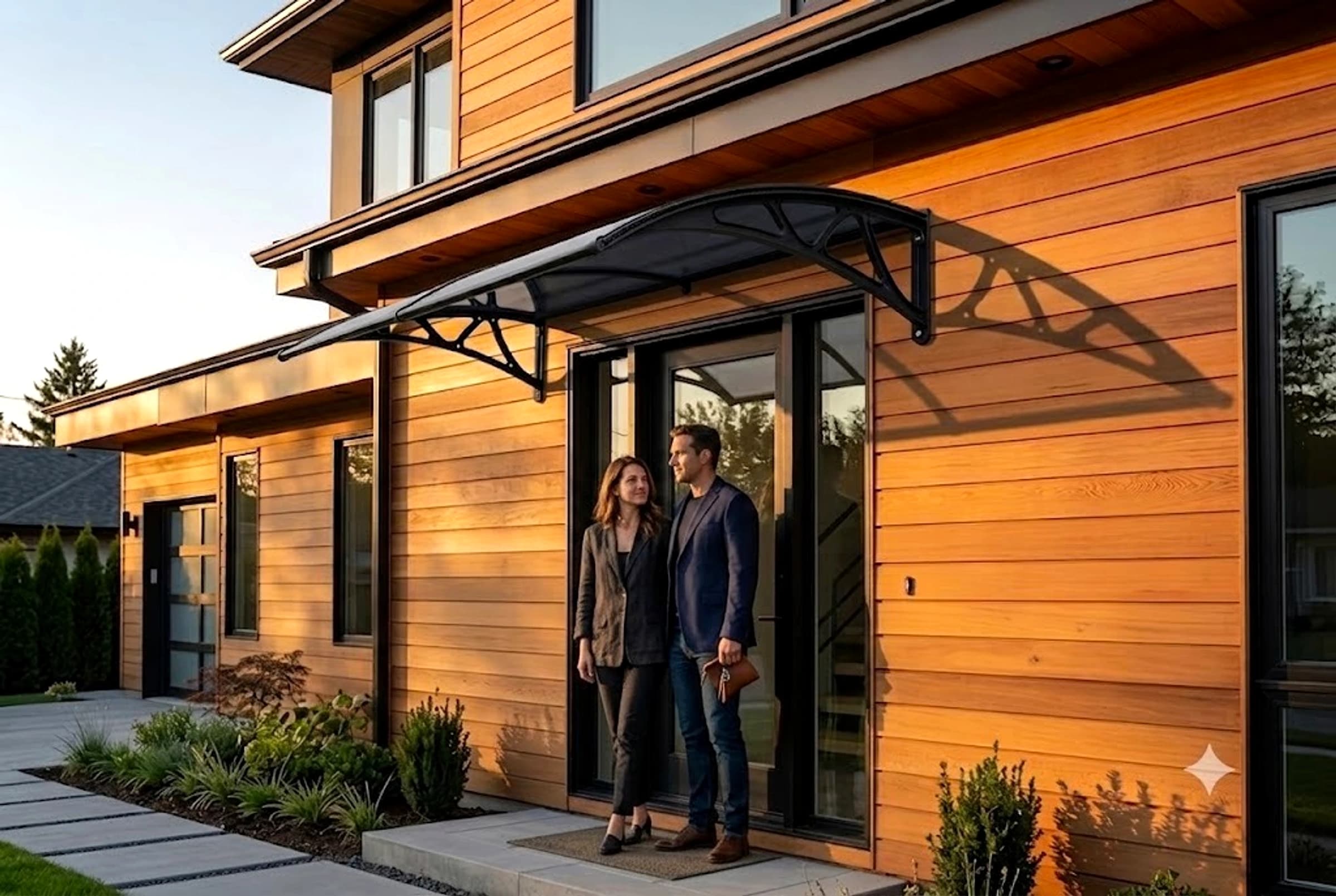 Richport awning protecting a modern home entrance