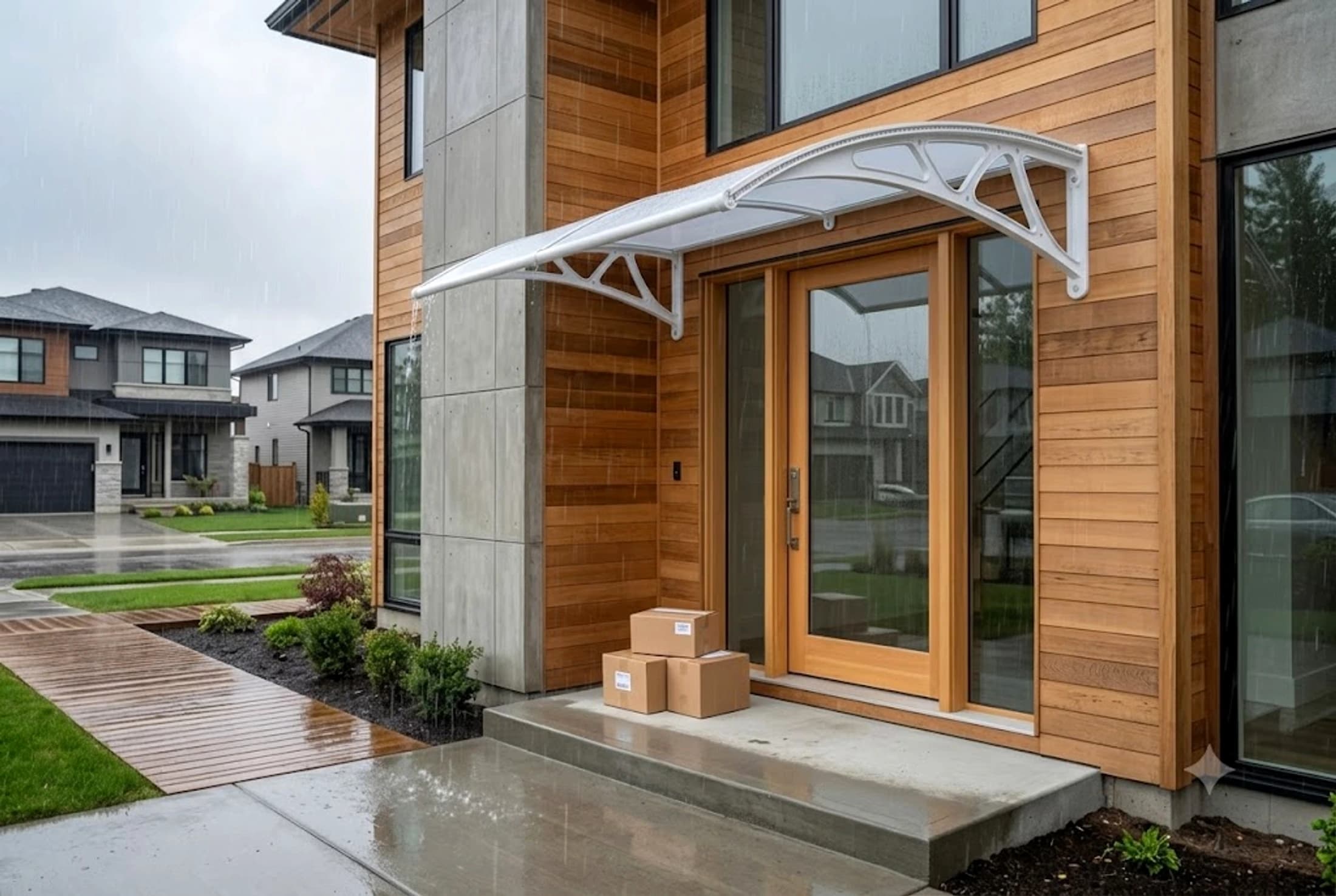White Richport awning protecting a home entrance in the rain